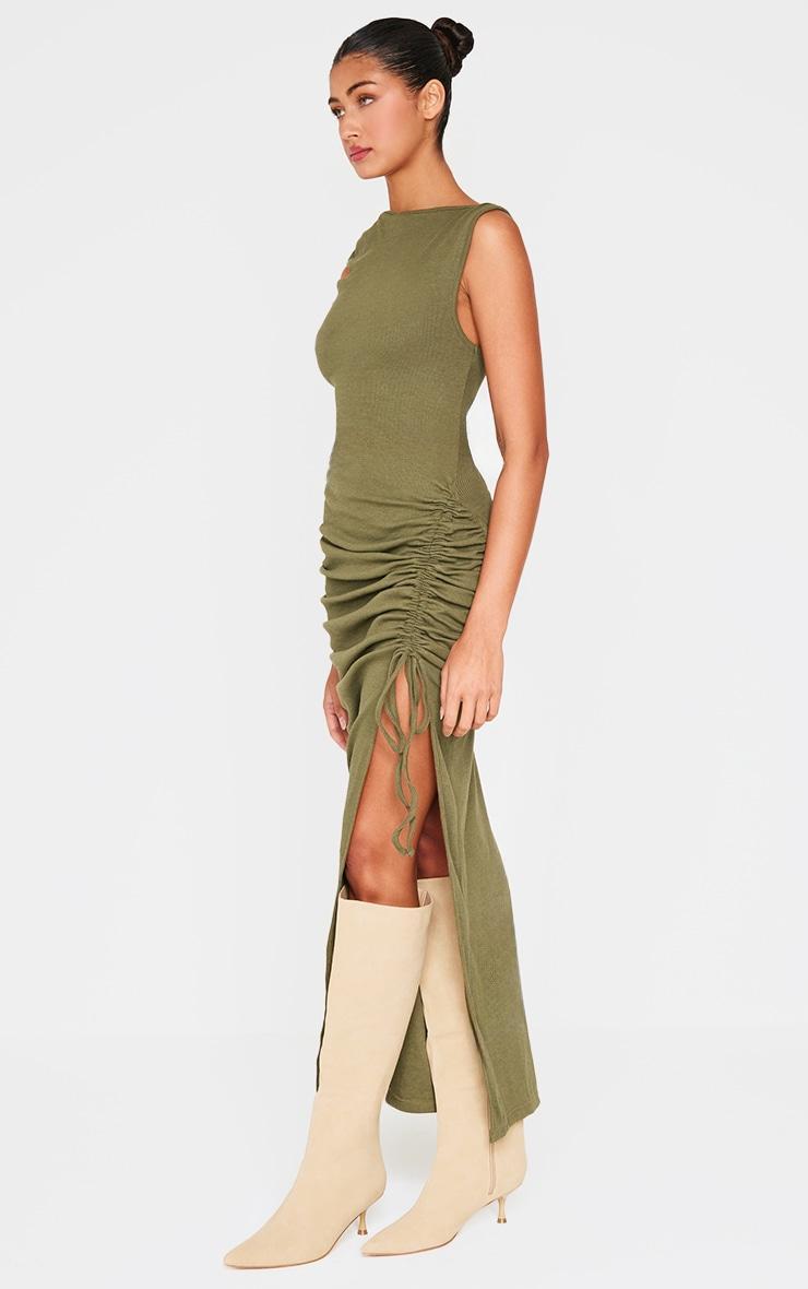 Khaki Side Split Ruched Sleeveless Maxi Dress Product Image