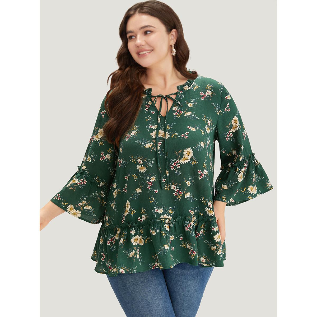 Plus Size DarkGreen Floral Print Knot Neck Ruffle Trim Blouse Women Elegant Elbow-length sleeve Tie Neck Dailywear Blouses BloomChic 18-20/2X Product Image