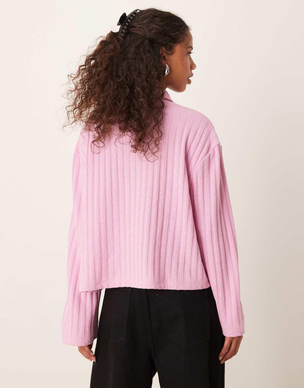 ASOS DESIGN long sleeve ribbed cardigan in pink Product Image