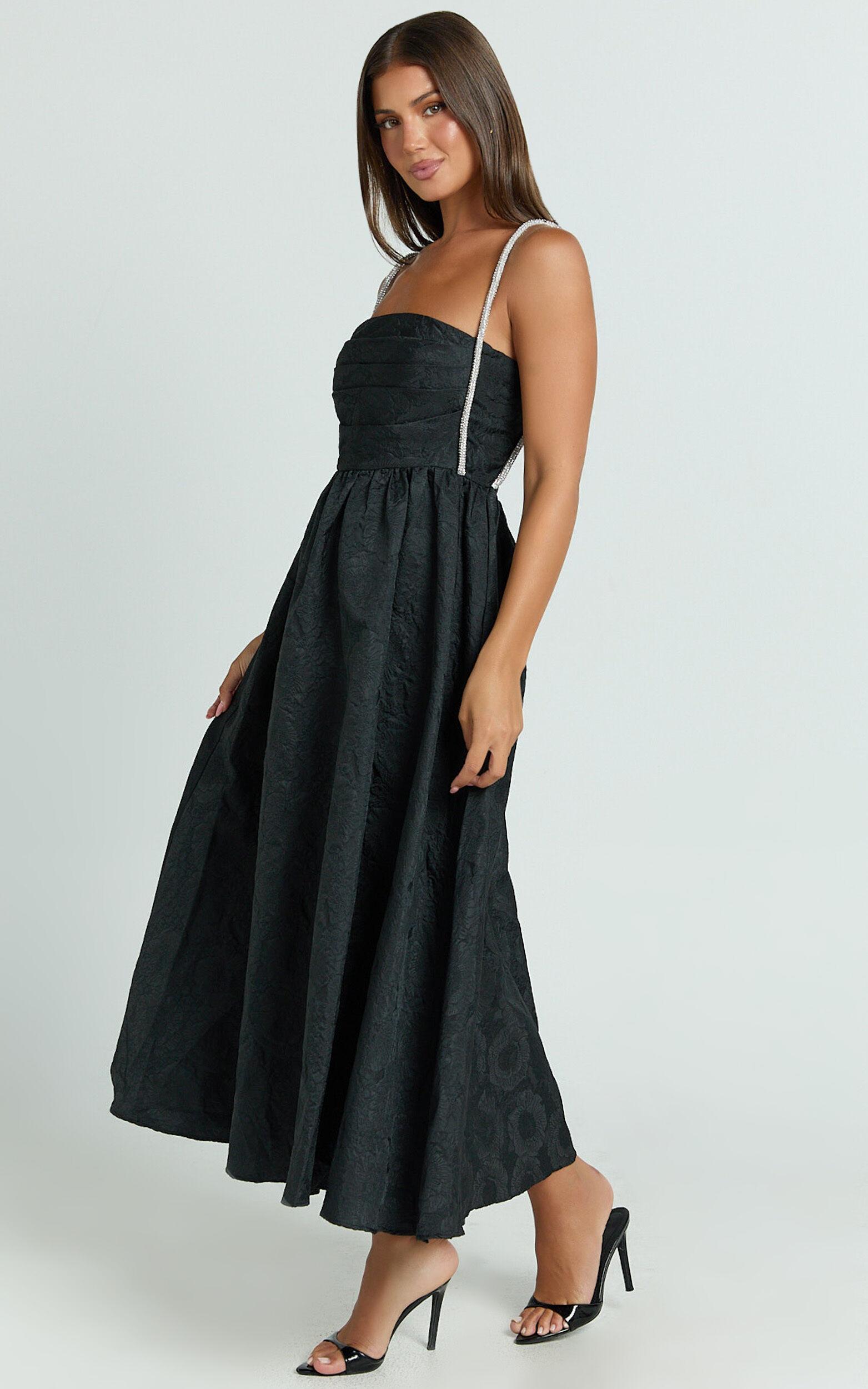Alvia Midi Dress - Diamante Strap Ruched Straight Neck Dress in Black Product Image