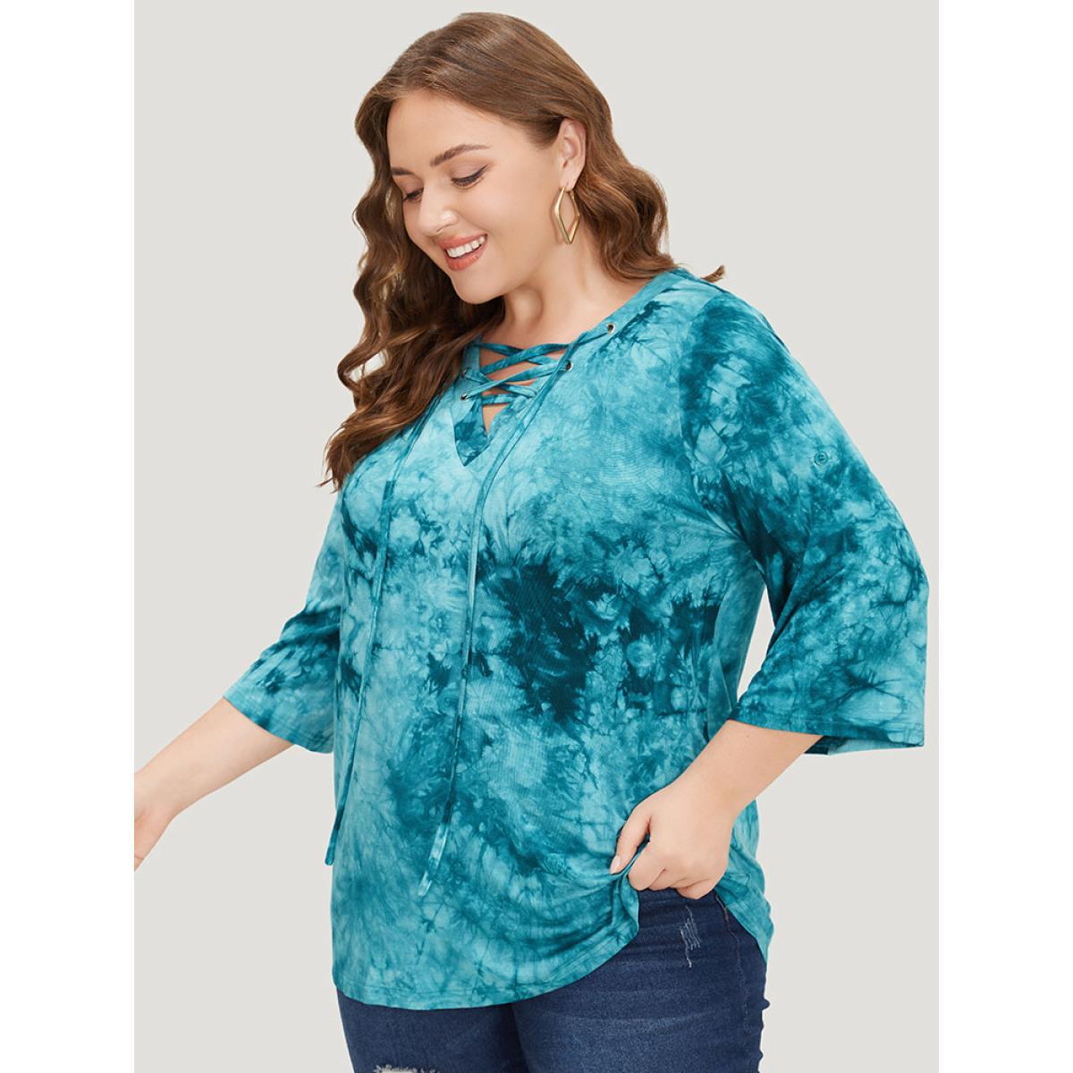 Plus Size Tie Dye Roll Sleeve Lace Up T-shirt Cerulean Women Casual Tie Dye V-neck Dailywear T-shirts BloomChic 26/4X Product Image