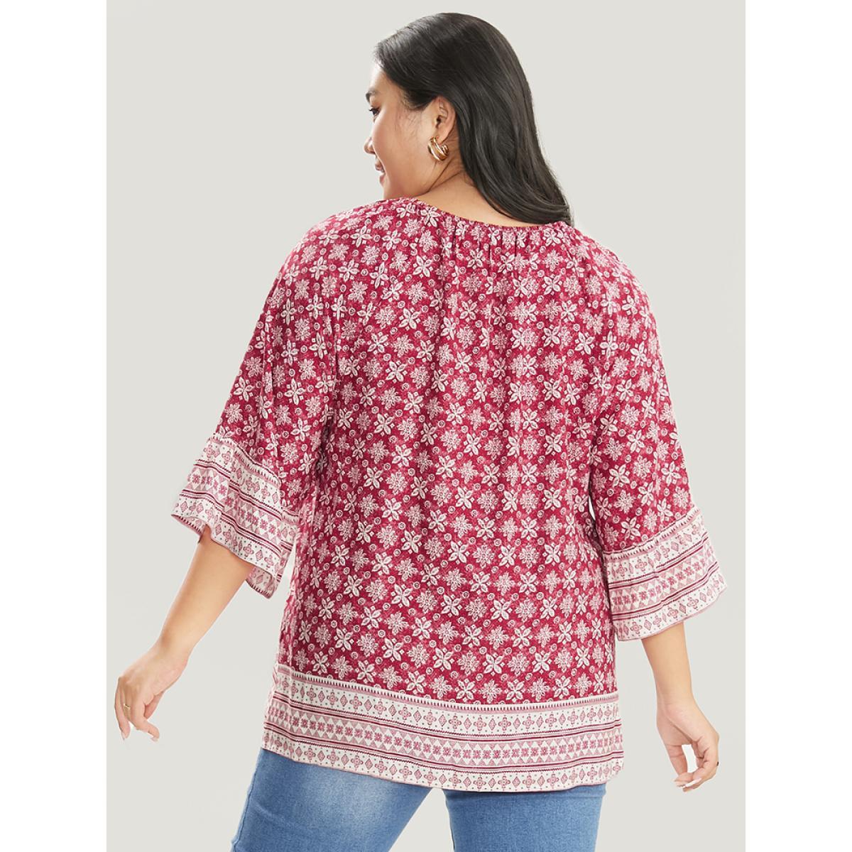 Plus Size Crimson Floral Print Bell Sleeve Knotted Round Neck Blouse Women Vacation Elbow-length sleeve Round Neck Dailywear Blouses BloomChic 26/4X Product Image