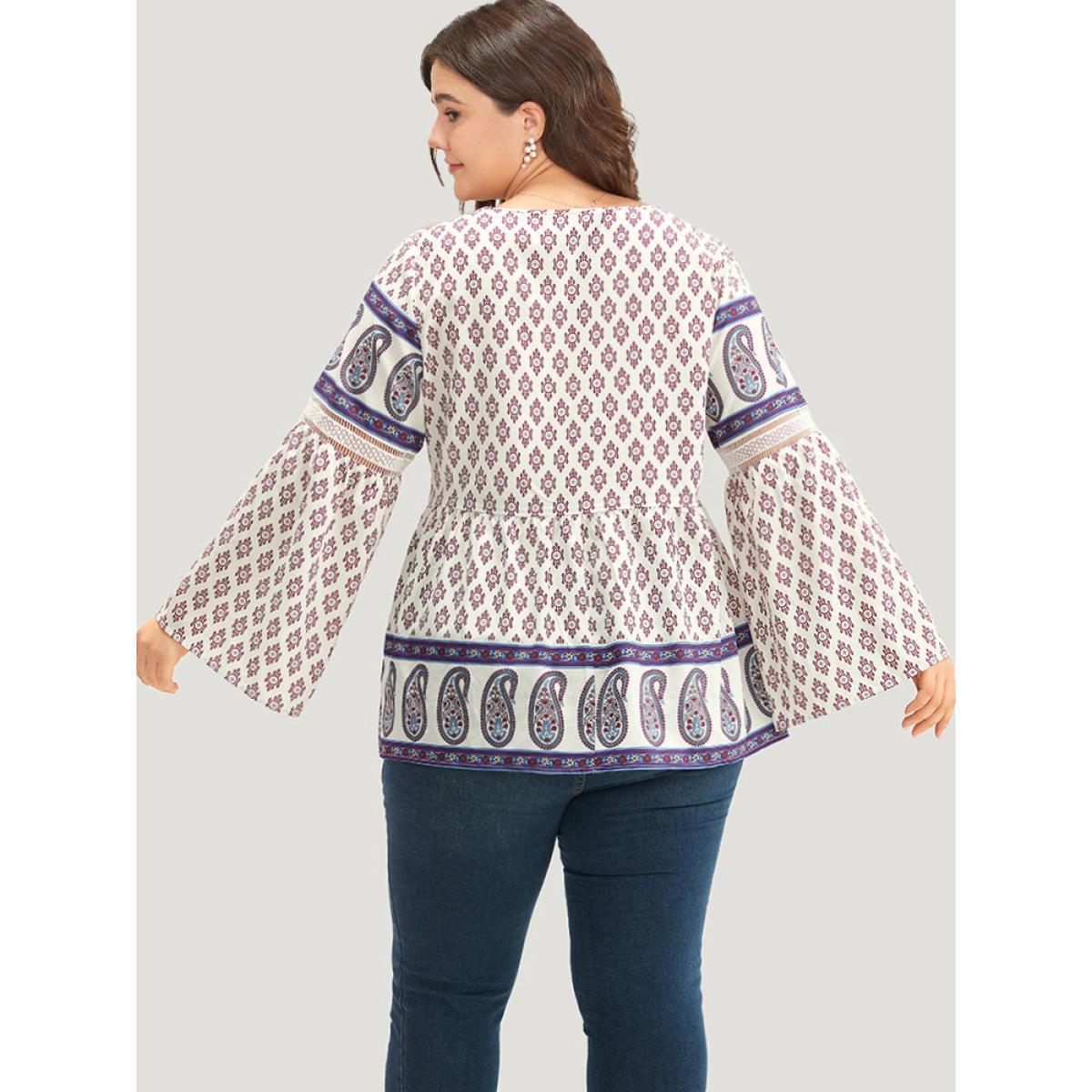 Plus Size Beige Boho Print Patchwork Lace Crew Neck Flutter Sleeve Blouse Women Vacation Long Sleeve Round Neck Vacation Blouses BloomChic 28/5X Product Image