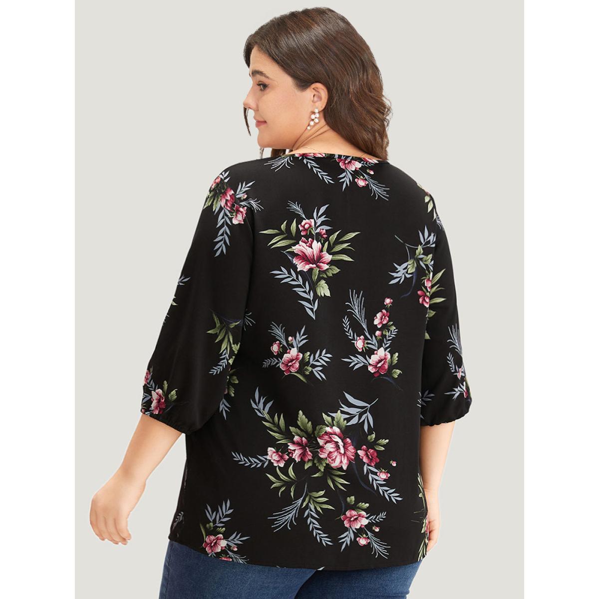 Plus Size Black Floral Print Lace Up Lantern Sleeve Blouse Women Elegant Half Sleeve V-neck Dailywear Blouses BloomChic 10/M Product Image