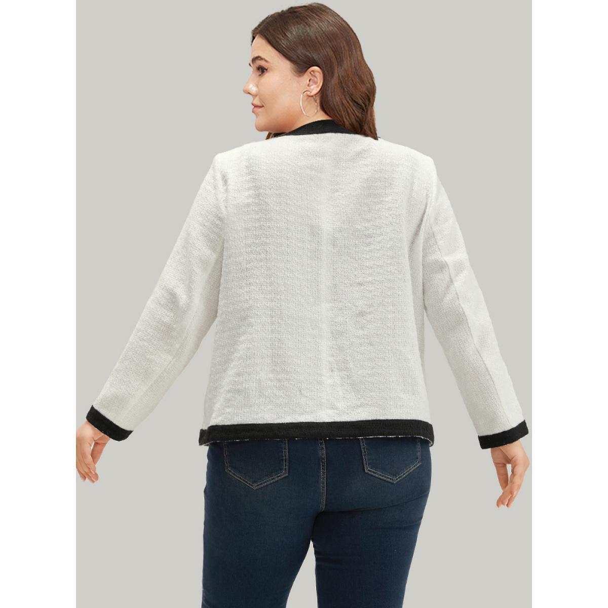Plus Size Two Tone Tweed Buckle Detail Pocket Blazer White Women Work Plain Texture Sleeve Long Sleeve Round Neck 12/L Pocket Work From Home Blazers BloomChic Product Image