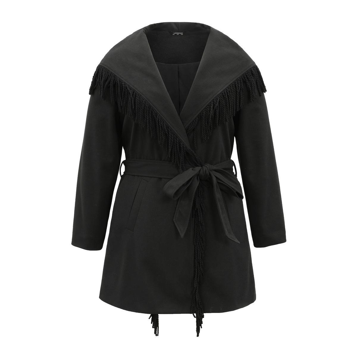 Plus Size Tassels Trim Plain Lapel Collar Belted Coat Women Black Elegant Lined Ladies Dailywear Winter Coats BloomChic 26/4X Product Image