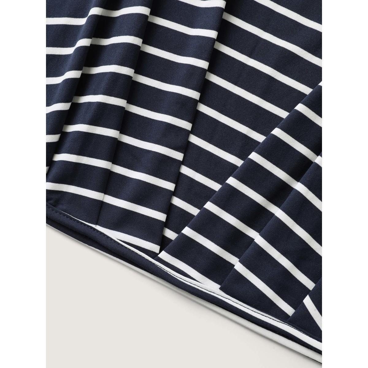 Plus Size Striped Relaxed Fit Round Neck T-Shirt Indigo Women Pleated Round Neck Everyday-Casual T-shirts BloomChic 14-16/1X Product Image