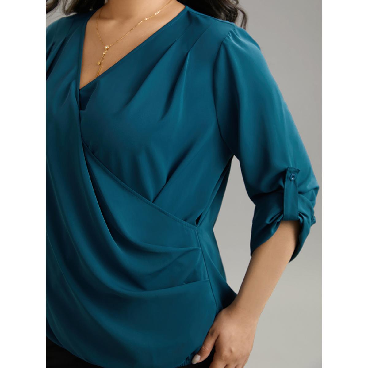 Plus Size Indigo Solid Crossover Roll Tab Sleeve Blouse Women Office Long Sleeve Overlap Collar Work Blouses BloomChic 22-24/3X Product Image