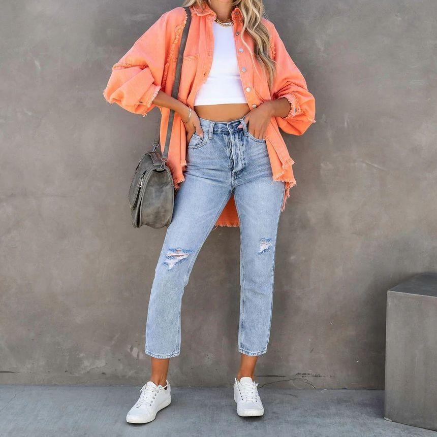 Plain Fringed Button-Up Denim Jacket Product Image
