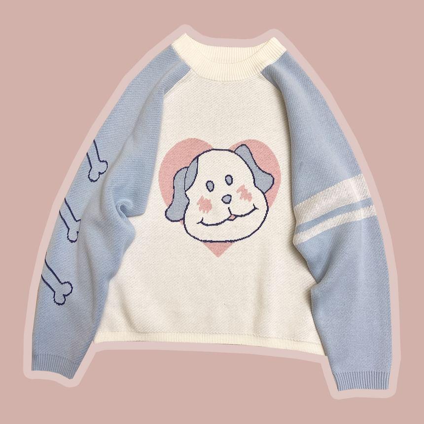 Raglan Sleeve Dog Print Knit Top Product Image