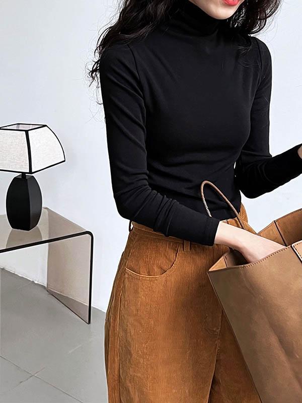 Long Sleeves Skinny Solid Color Split-Joint High Neck T-Shirts Product Image
