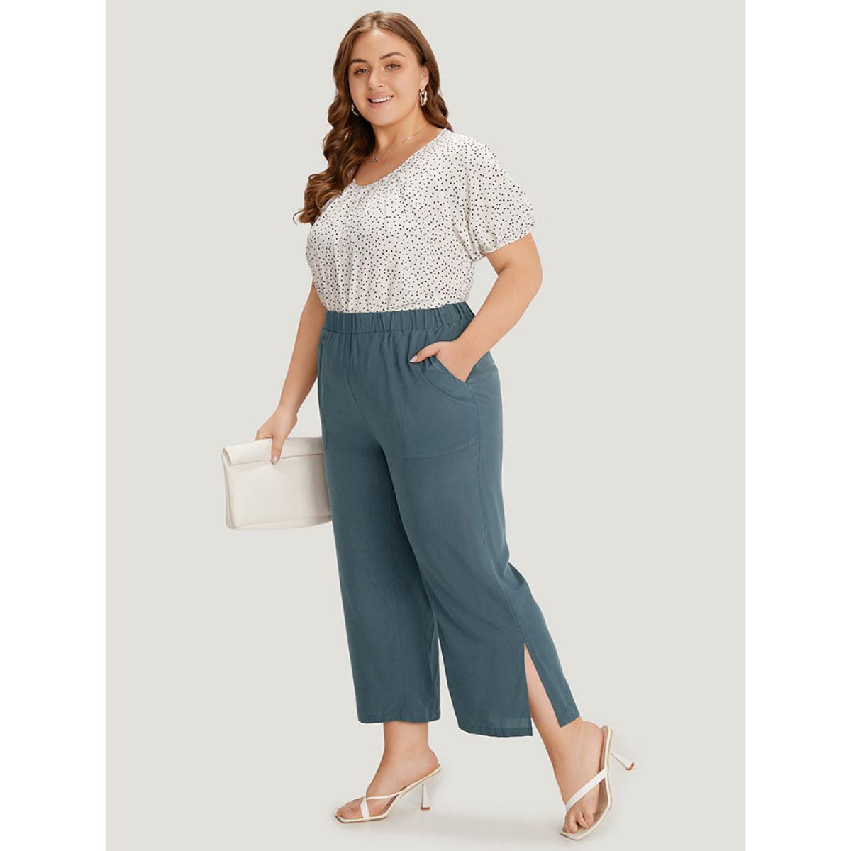 Plus Size Supersoft Essentials Solid Patched Pocket Split Side Pants Women Indigo Elegant Straight Leg High Rise Dailywear Pants BloomChic 10/M Product Image
