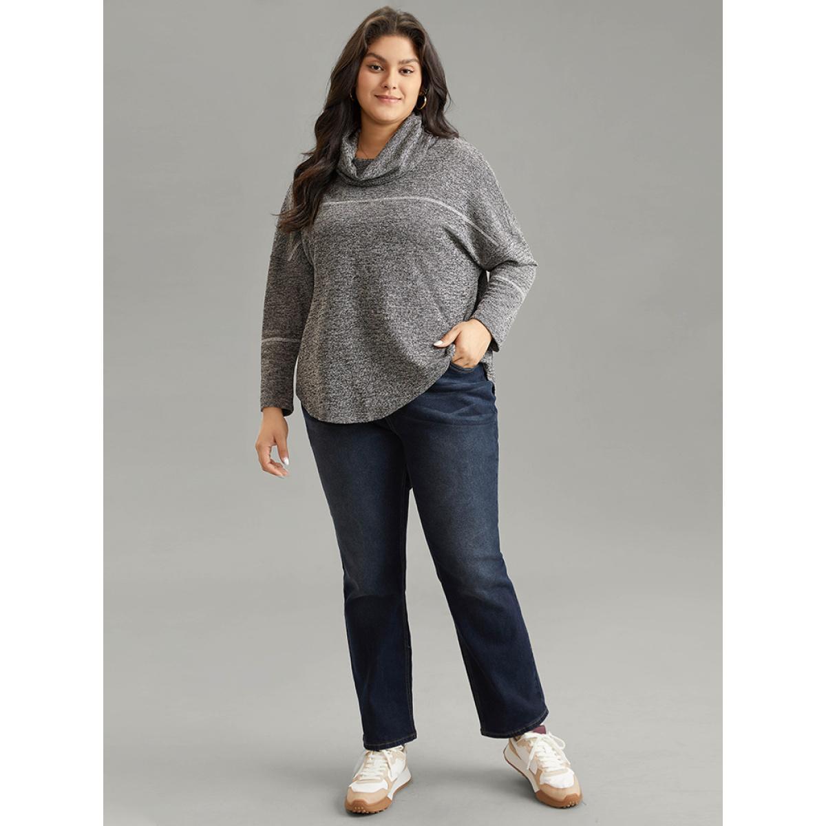 Plus Size Heather Patchwork Striped Funnel Neck Sweatshirt Women Black Casual Texture Turtleneck Dailywear Sweatshirts BloomChic 10/M Product Image