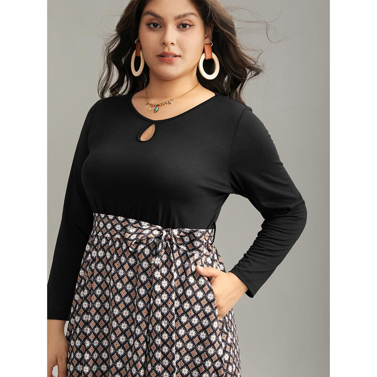 Plus Size Geometric Patchwork Cut Out Belted Dress Black Women Vacation Printed Round Neck Long Sleeve Curvy Midi Dress BloomChic 12/L Product Image