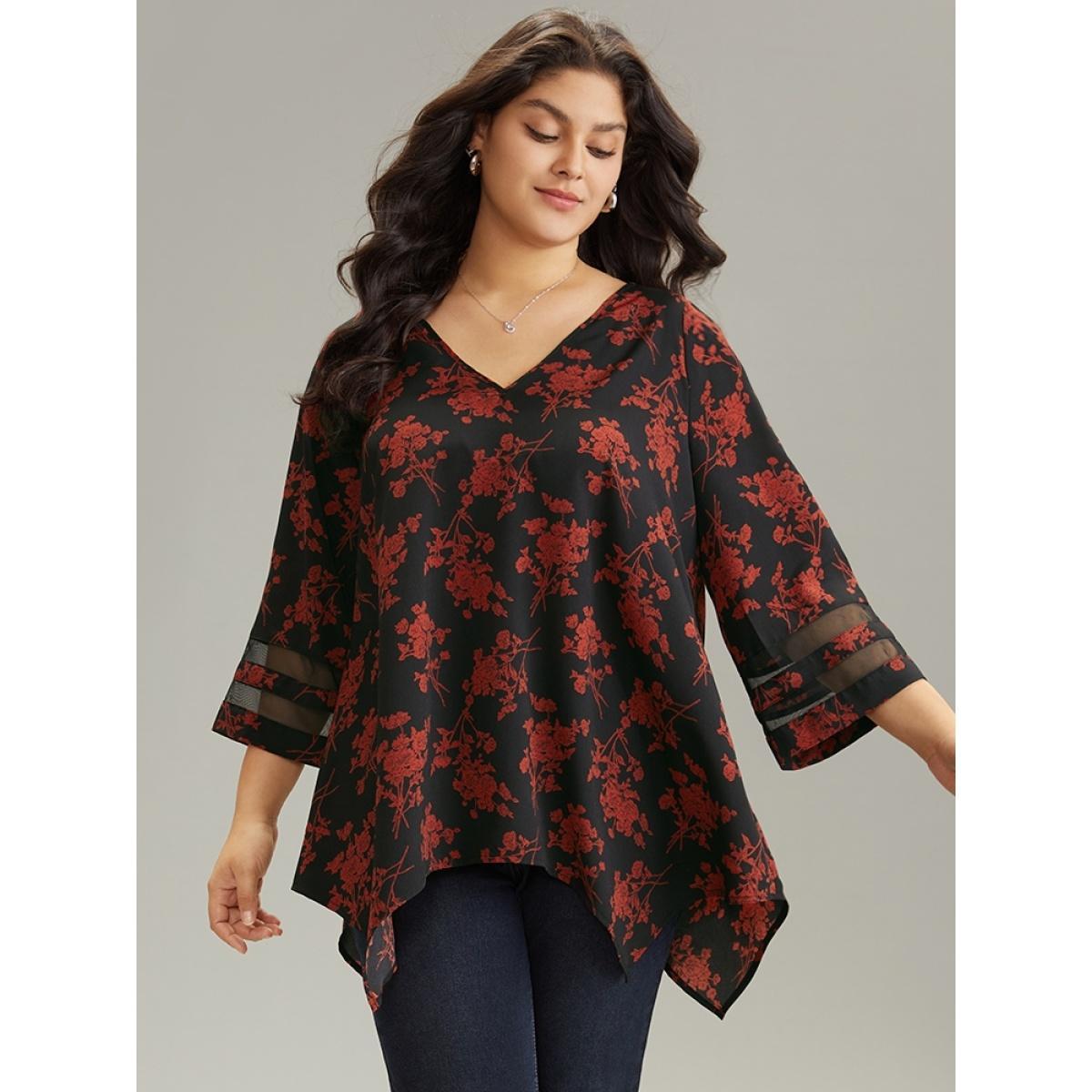 Plus Size Red Silhouette Floral Print Patchwork Mesh Hanky Hem Blouse Women Elegant Elbow-length sleeve V-neck Everyday Blouses BloomChic 18-20/2X Product Image