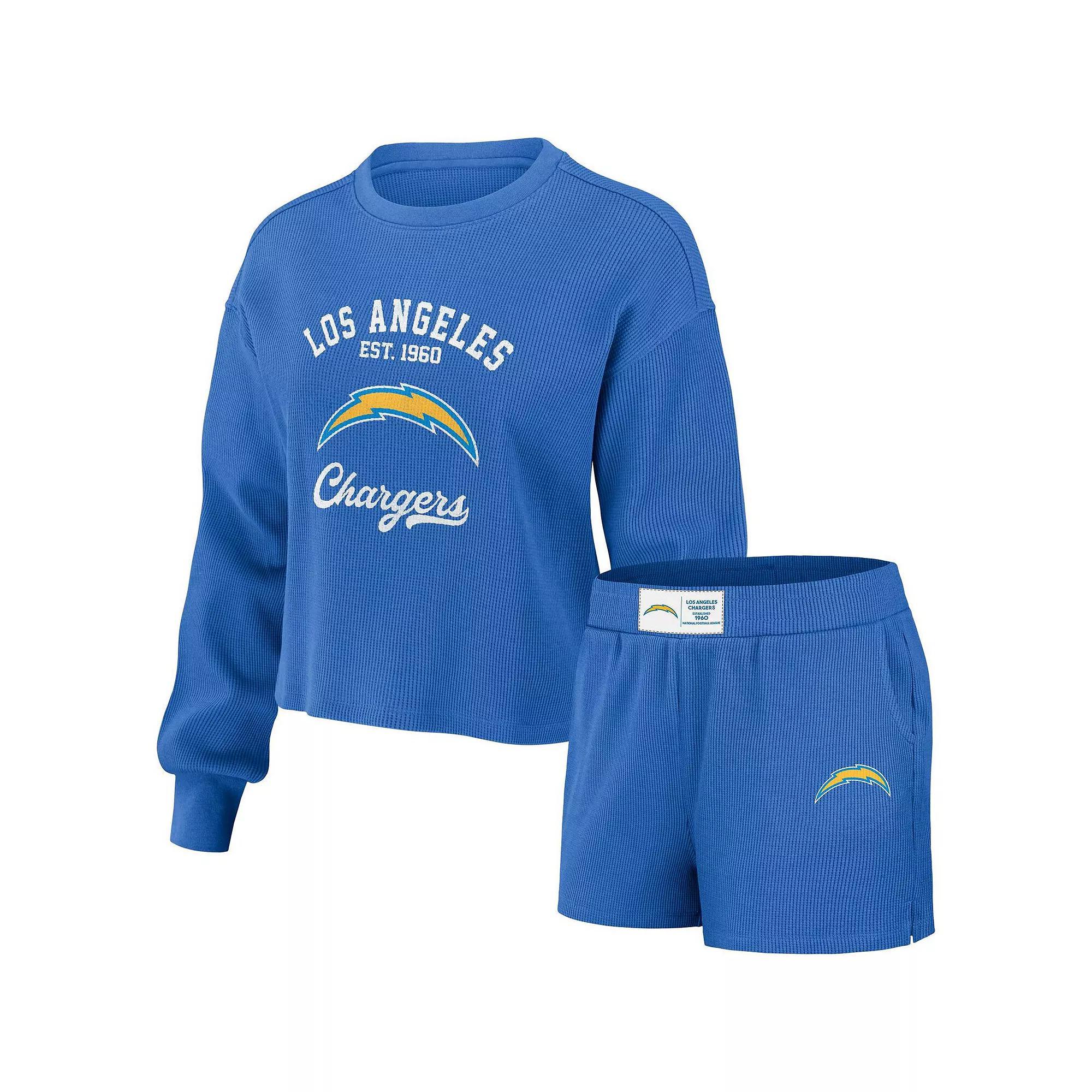 Womens WEAR by Erin Andrews Los Angeles Chargers Waffle Knit Long Sleeve T-Shirt & Shorts Lounge Set Product Image