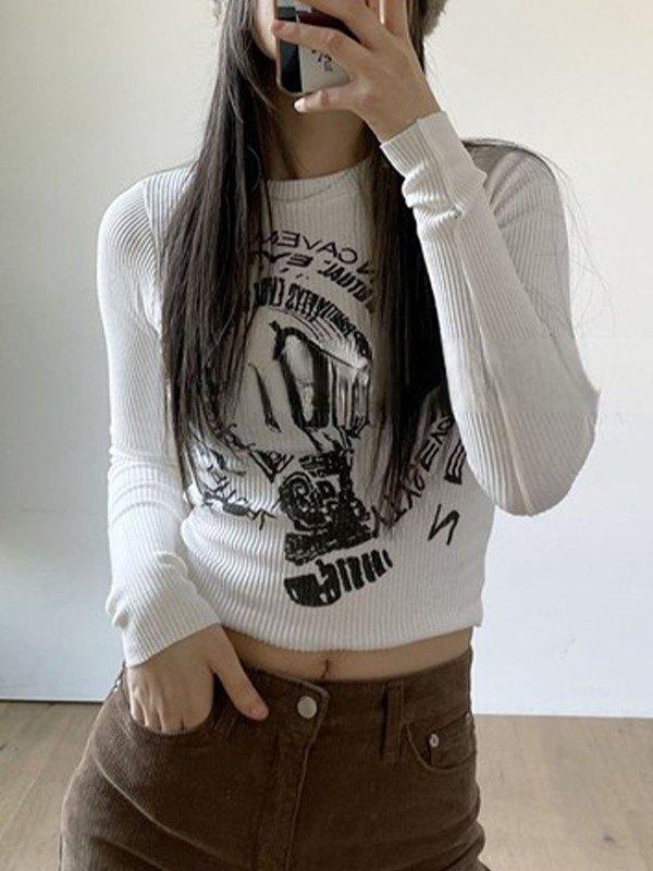 Vintage Print White Cropped Knit Top Product Image