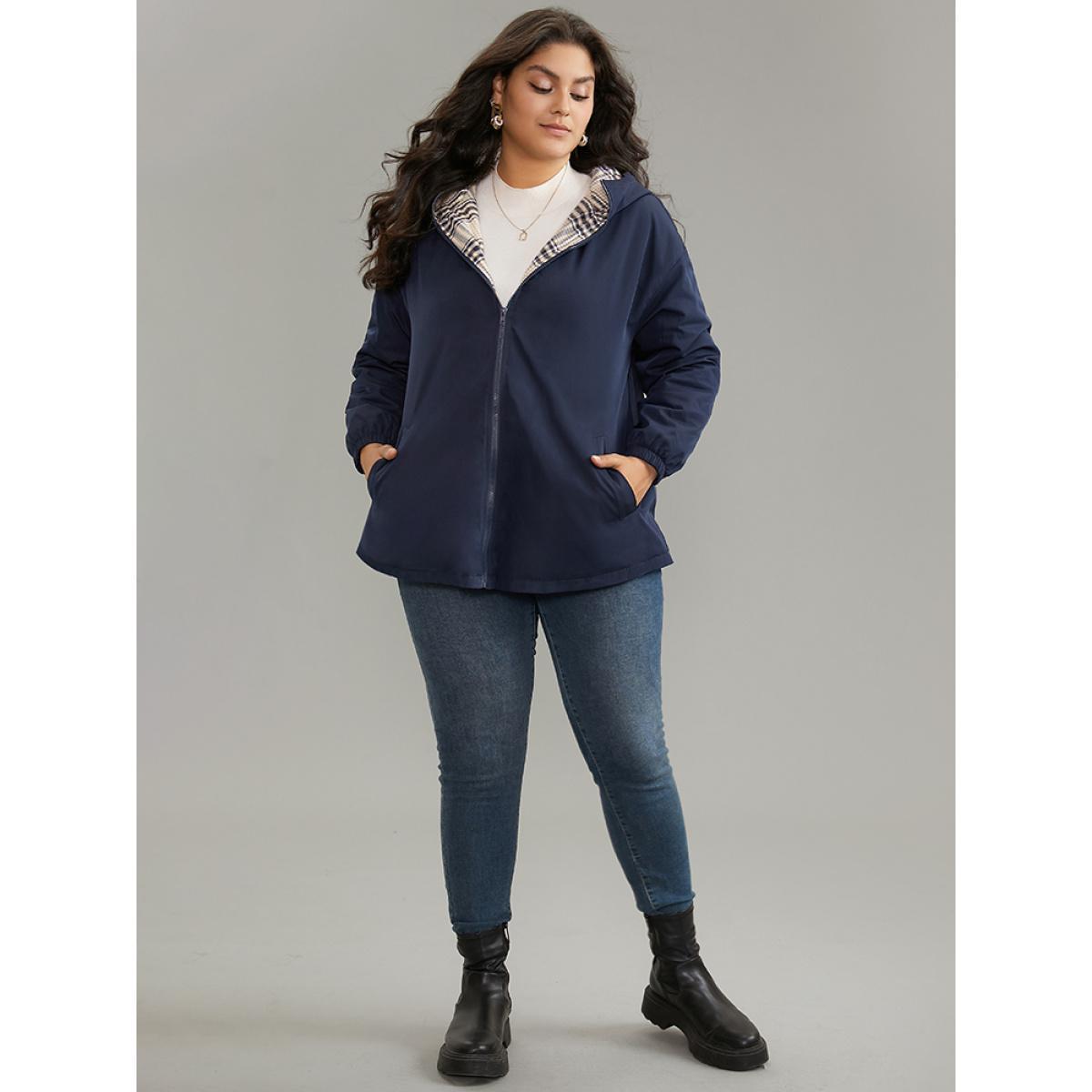Plus Size Plaid Zipper Pocket Trench Patchwork Jacket Women Indigo Casual Elastic cuffs Ladies Dailywear Winter Coats BloomChic 26/4X Product Image
