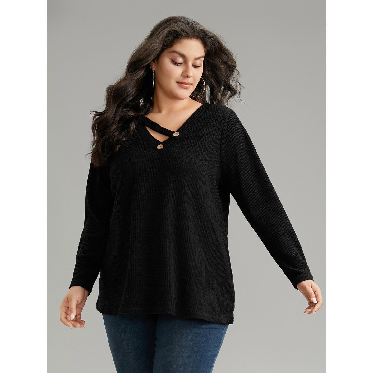 Plus Size Solid Rib Knit Button Detail T-shirt Black Women Casual Non Plain V-neck Everyday T-shirts BloomChic 26/4X Product Image
