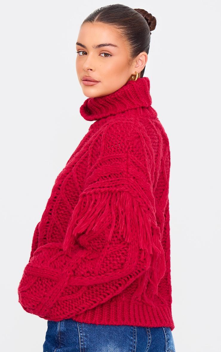 Red Cable Knit Tassel Detail Roll Neck Sweater Product Image