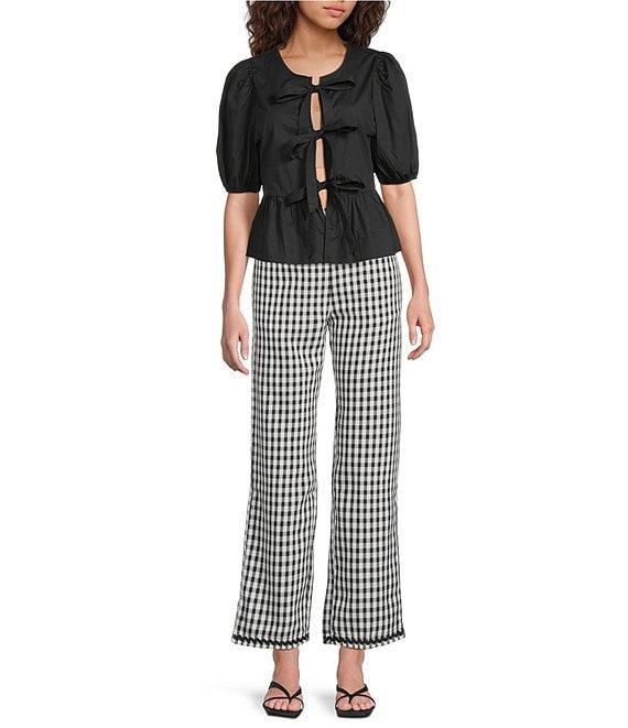 Sugarlips Tie Front Short Puff Sleeve Peplum Poplin Top Product Image