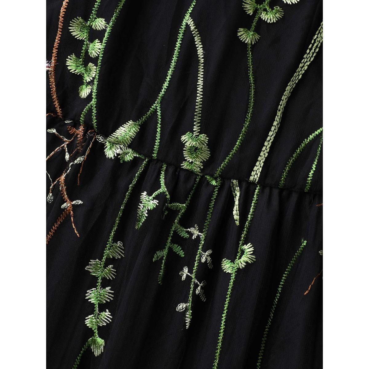 Plus Size Plant Embroidery Sheer Cinched-Waist Midi Dress Black Women Round Neck Short sleeve Curvy BloomChic 26/4X Product Image
