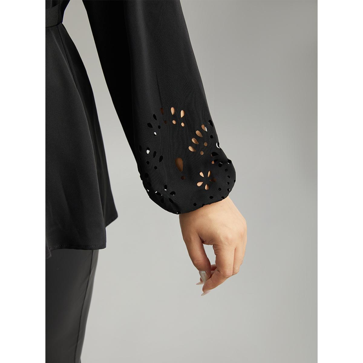 Plus Size Black Plain Elastic Waist Buckle Detail Wrap Blouse Women Office Long Sleeve V-neck Work Blouses BloomChic 10/M Product Image