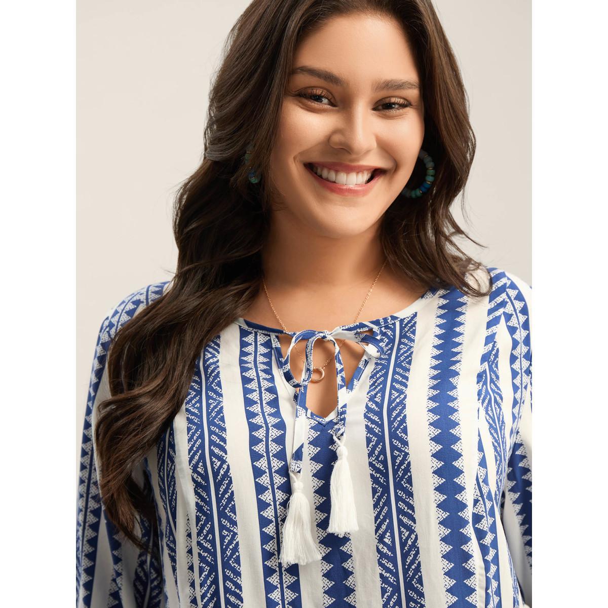 Plus Size DarkBlue Nautical Stripes Rayon Tassels Blouse Women Elbow-length sleeve Notched collar Vacation Blouses BloomChic 14-16/1X Product Image