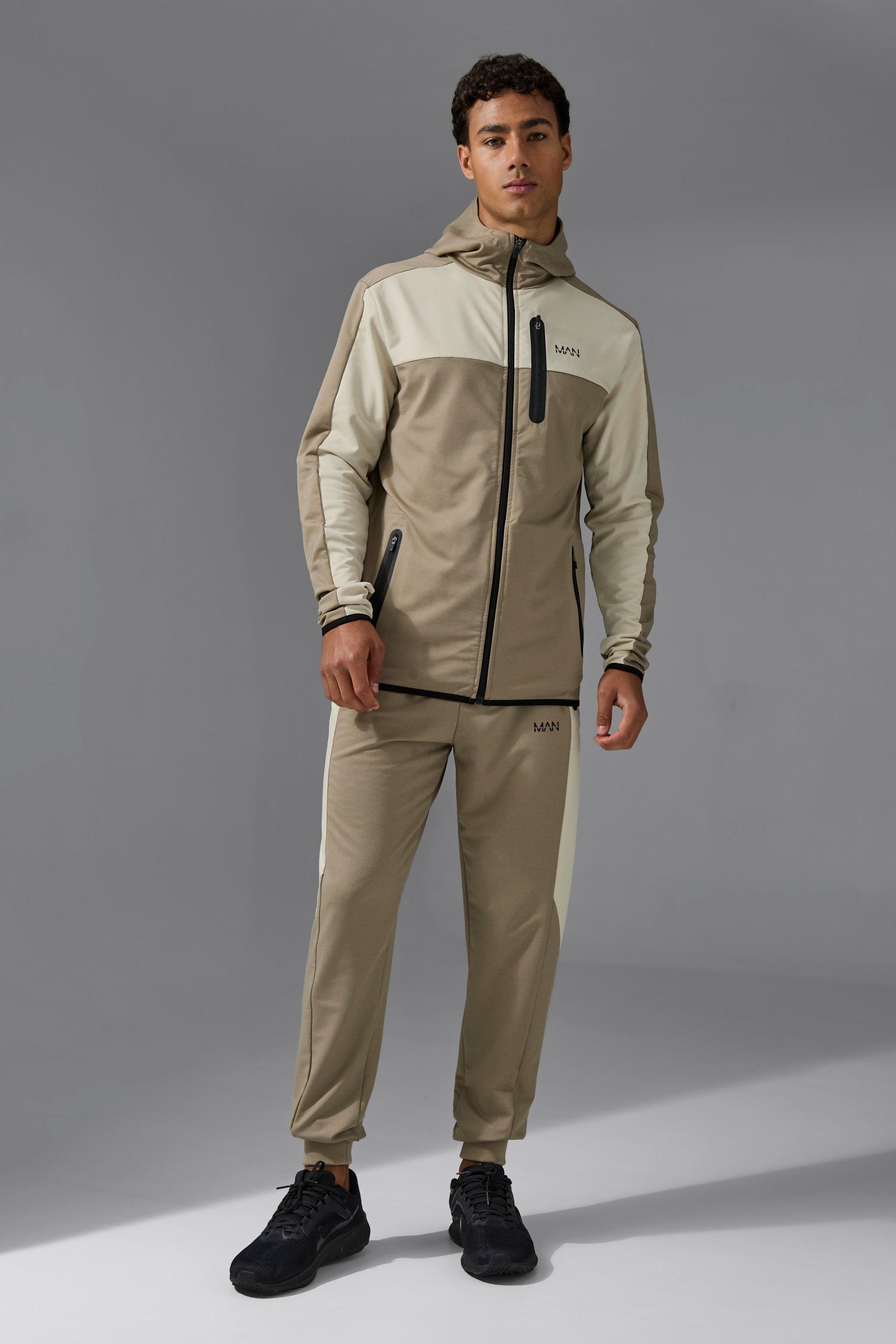 Mens Active Colour Block Funnel Hooded Tracksuit - Grey Product Image