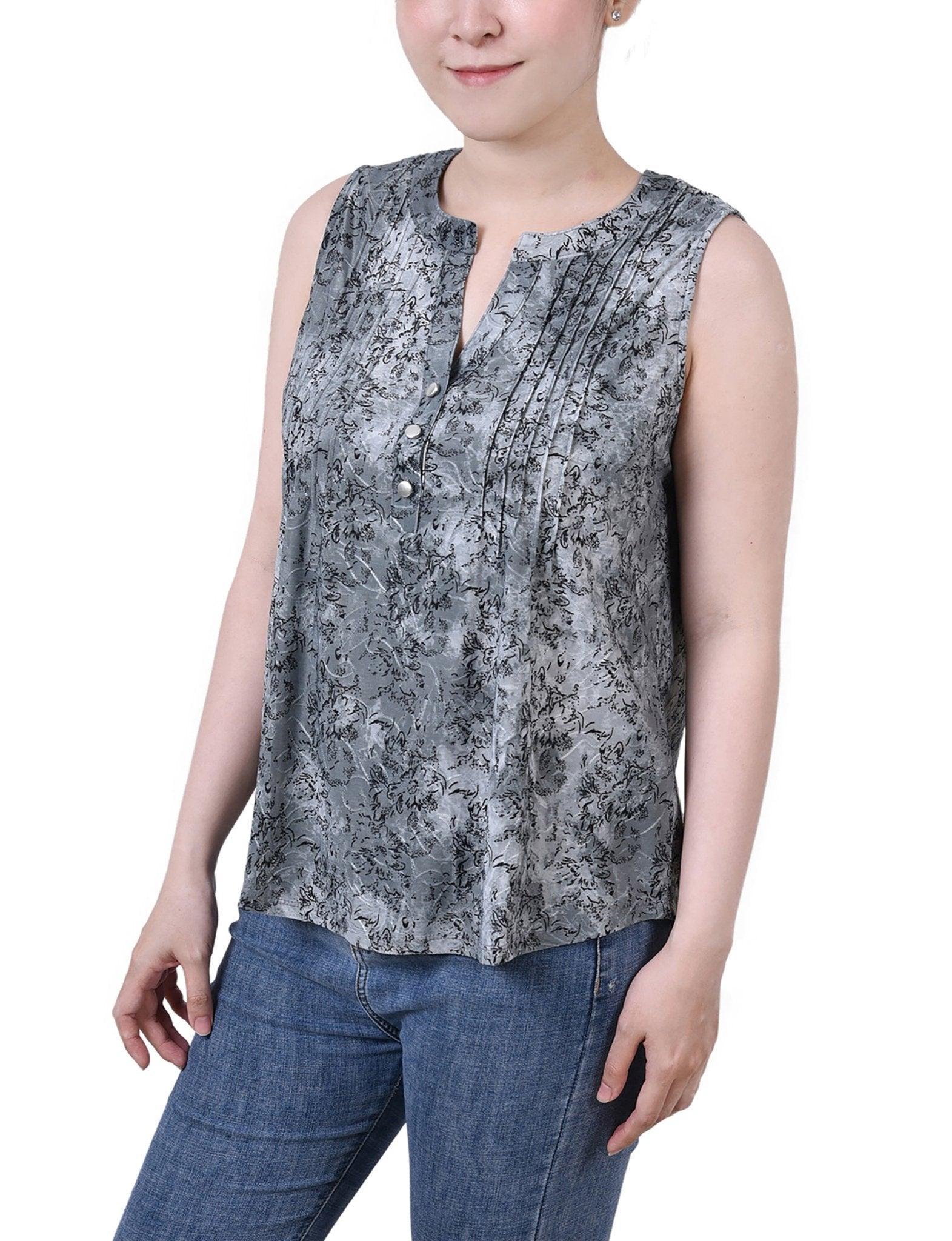 Grey Floral Sleeveless Jacquard Y Neck Top - Petite Product Image