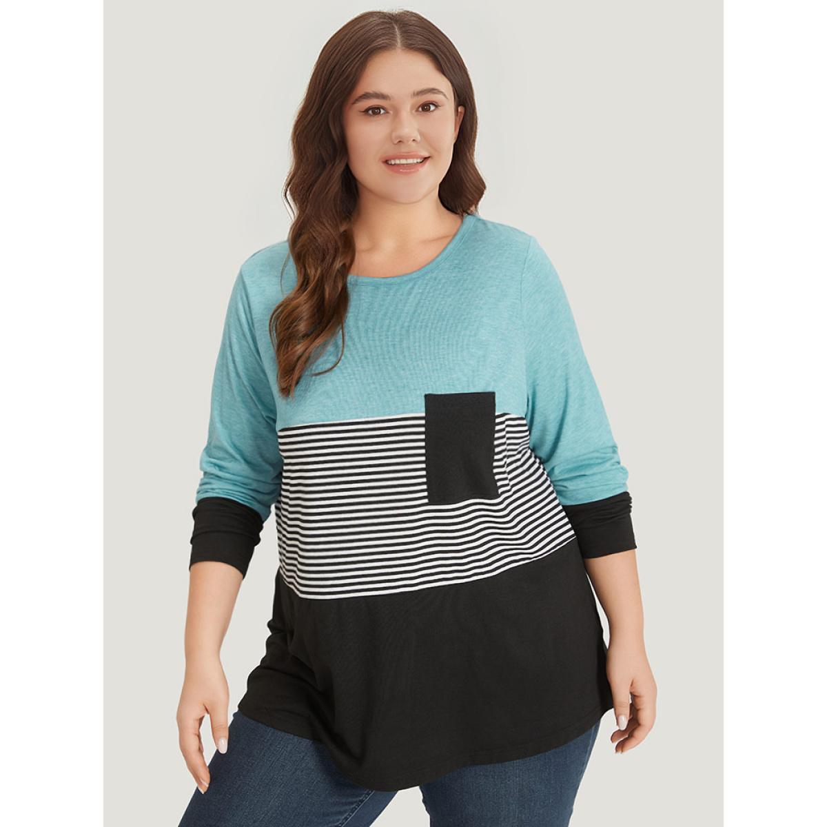Plus Size Striped Colorblock Contrast Patchwork Crew Neck T-shirt Multicolor Women Casual Contrast Striped Round Neck Dailywear T-shirts BloomChic 22-24/3X Product Image