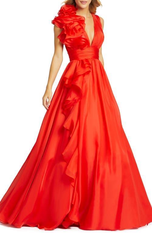 Mac Duggal Ruffle Shoulder V-Neck Chiffon Gown Product Image