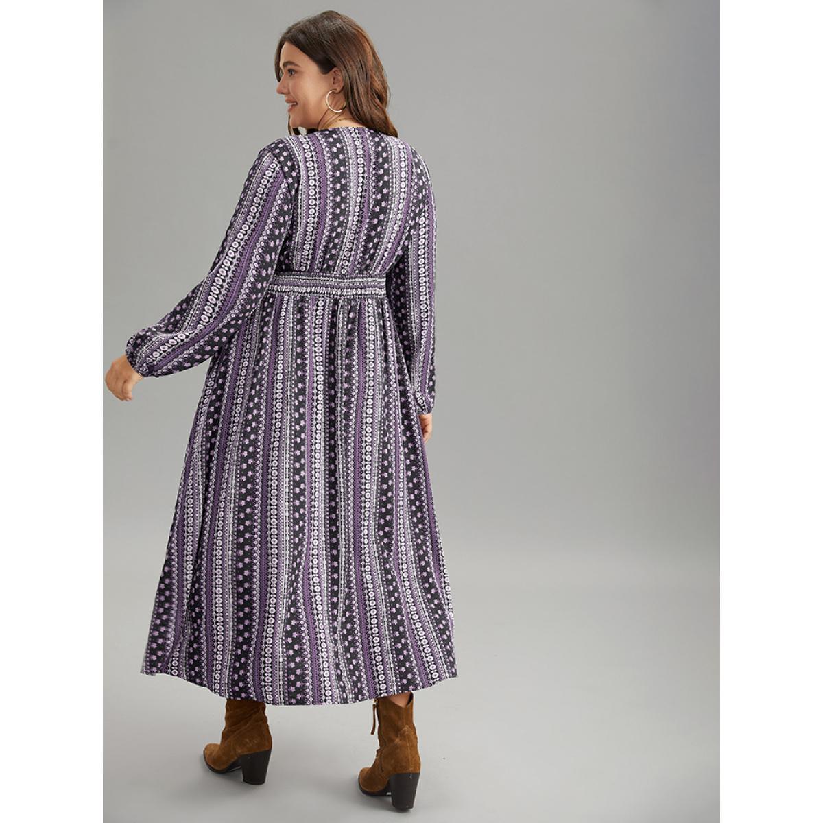 Plus Size Bandana Print Wrap Shirred Dress DarkViolet Women Resort Elastic cuffs V-neck Long Sleeve Curvy Midi Dress BloomChic 30/6X Product Image