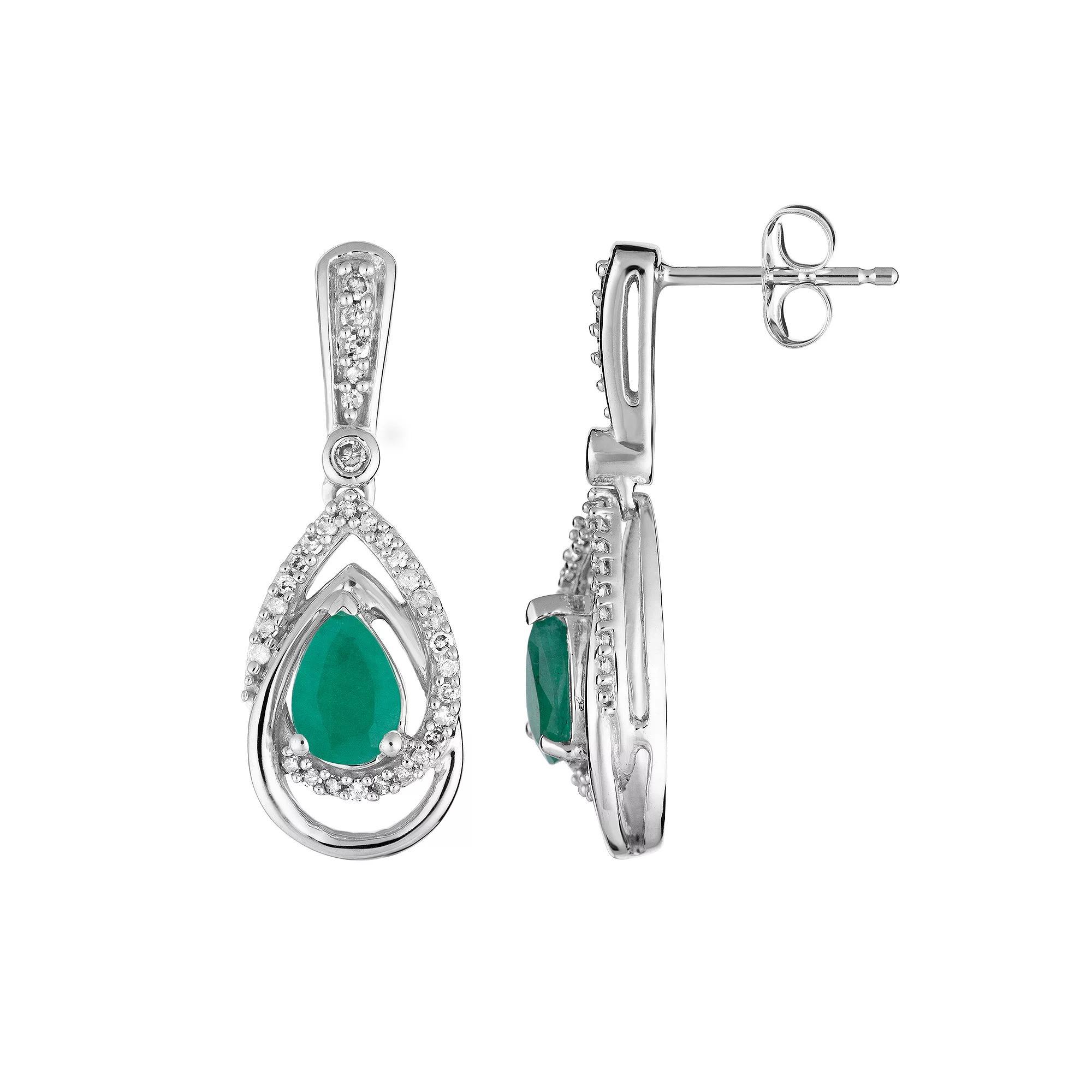 10k White Gold Emerald & 1/4 Carat T.W. Diamond Drop Earrings, Women's, 10k Whgold Product Image