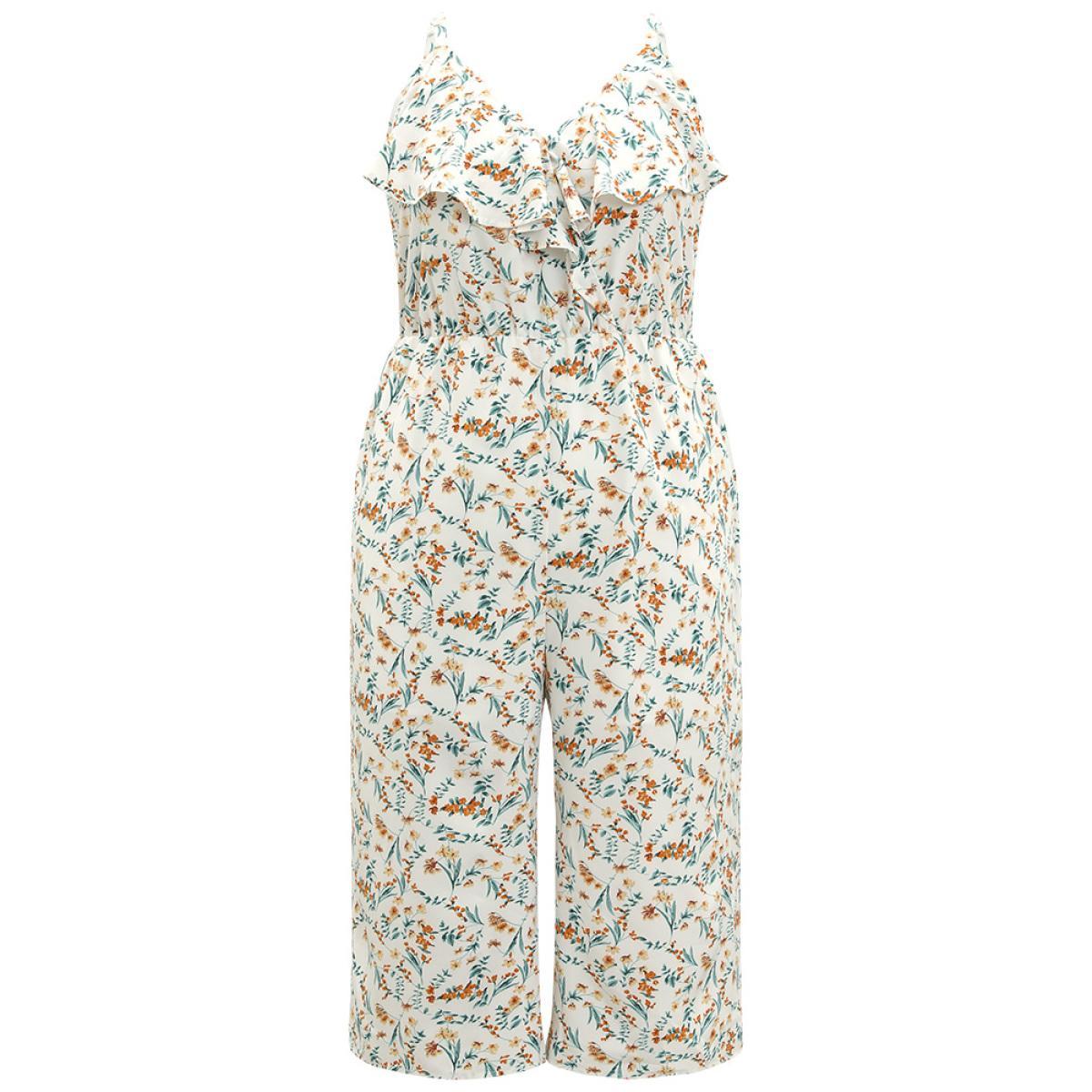 Plus Size White Ditsy Floral Ruffle Trim Pocket Wrap Cami Jumpsuit Women Elegant Sleeveless Spaghetti Strap Dailywear Loose Jumpsuits BloomChic 18-20/2X Product Image