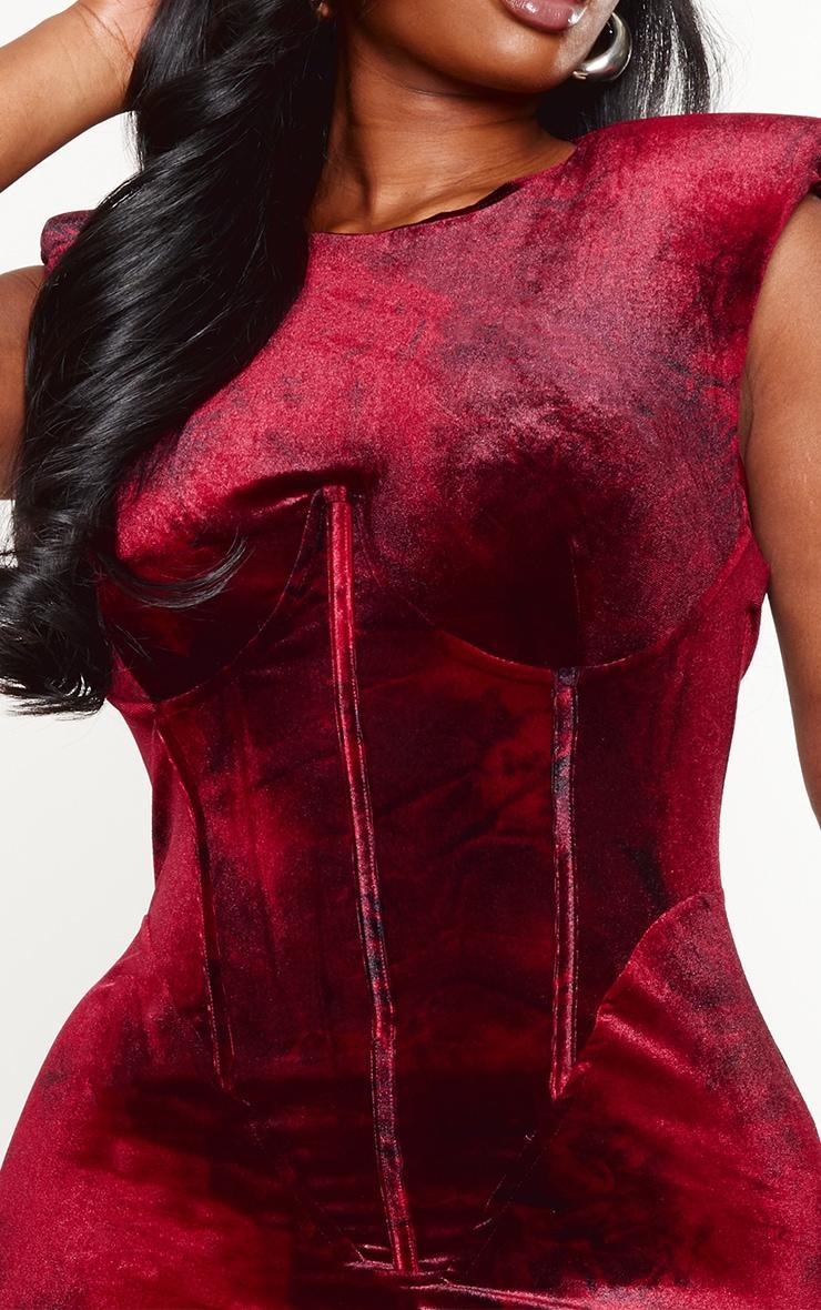 Plus Burgundy Crushed Velvet Corset Extreme Shoulder Bodycon Dress Product Image