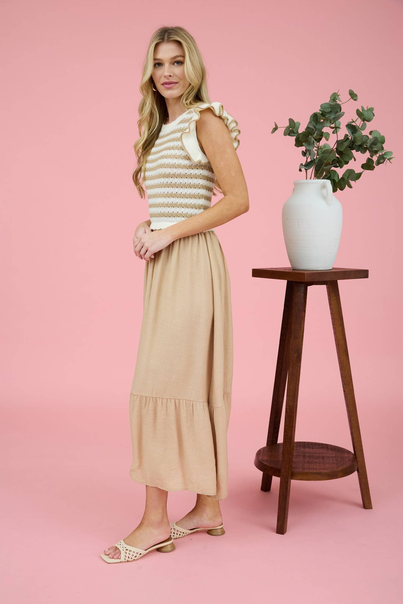 STRIPE SWEATER TOP MIXED MEDIA MIDI DRESS: NAVY Product Image