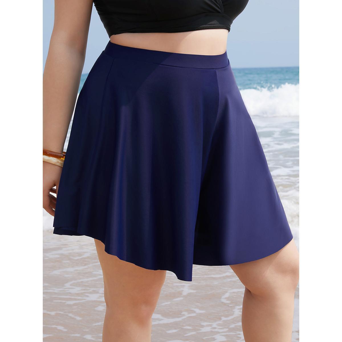 Plus Size Plain Loose High Waist Swim Shorts Women's Swimwear Indigo Vacation Plain High stretch High Rise Curve Swim Bottoms BloomChic 26/4X Product Image