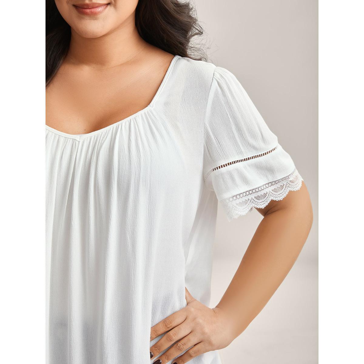 Plus Size WhiteSmoke Rayon Flowy Lace Trim Solid Blouse Women Short sleeve Heart neckline Everyday-Casual Blouses BloomChic 22-24/3X Product Image