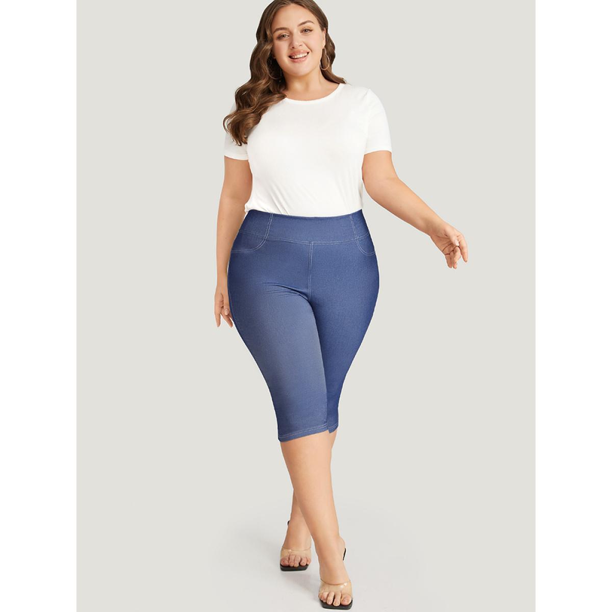 Plus Size Solid Stitch Wideband Waist High Rise Leggings Women Blue Casual High stretch Skinny High Rise Dailywear Leggings BloomChic 28/5X Product Image