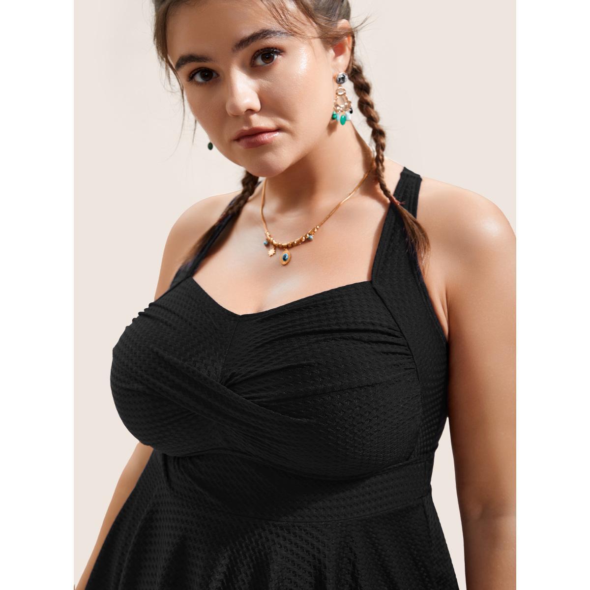 Plus Size Plain Textured Crossover Bodycon Swim Dress Women's Swimwear Black Beach Bodycon Heart neckline High stretch Curve Swim Dresses BloomChic 26/4X Product Image
