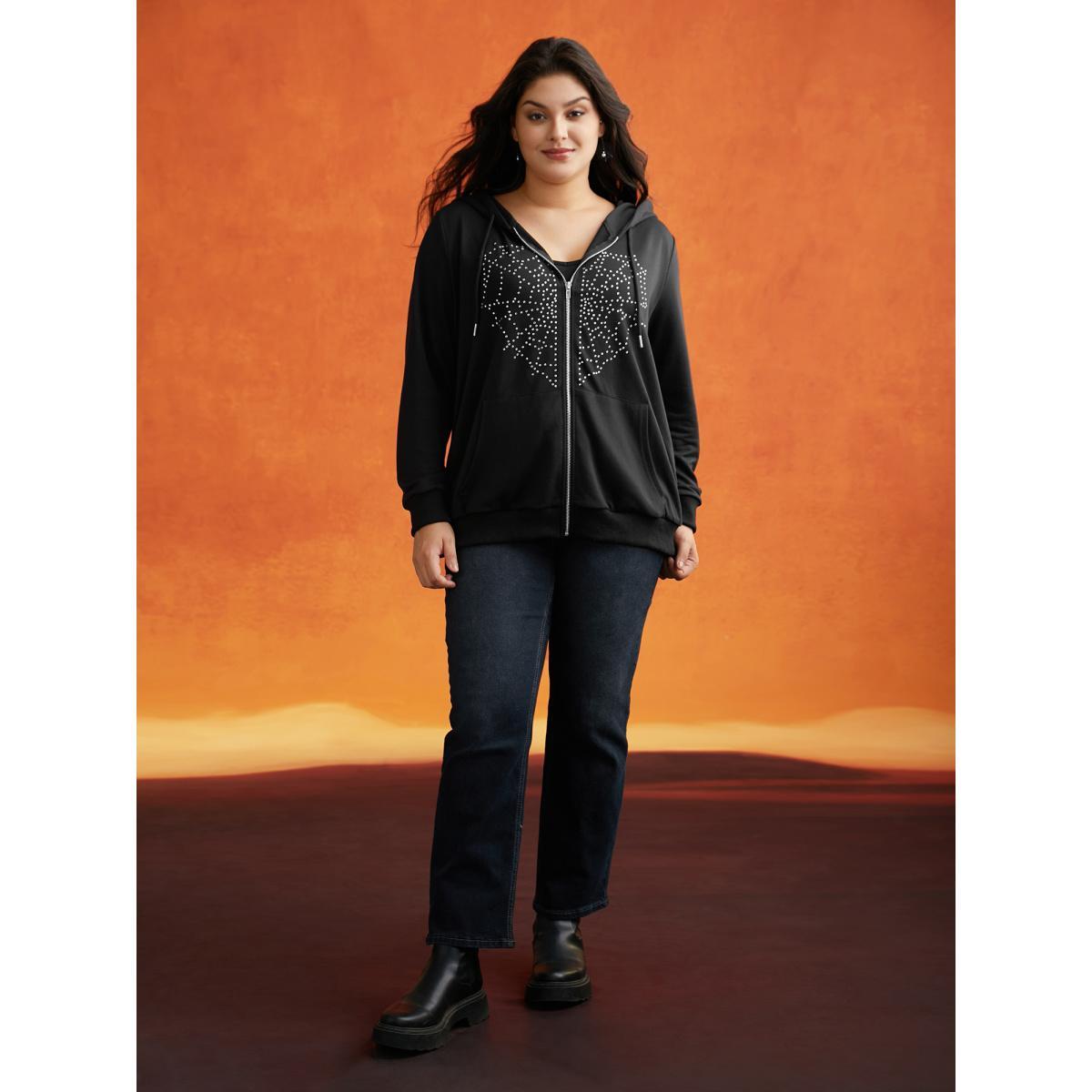 Plus Size Diamond Embellished Spiderweb Zipper Sweatshirt Women Black Casual Rhinestone detailing Loose Hooded Everyday Sweatshirts BloomChic 22-24/3X Product Image