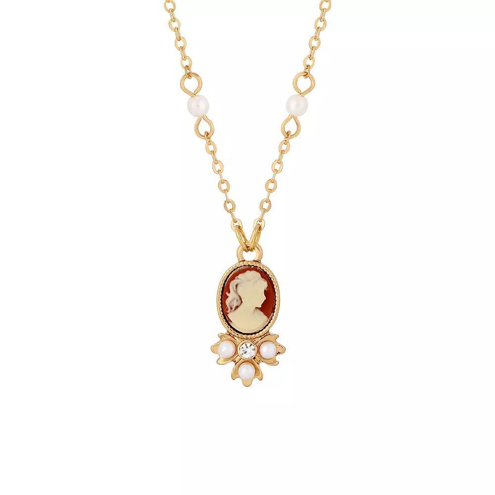 1928 Gold Tone Crystal & Simulated Pearl Oval Cameo Necklace, Womens, Orange Product Image