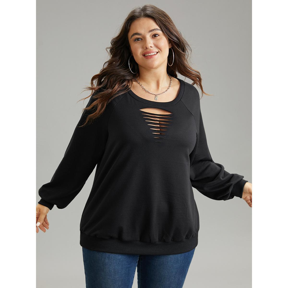 Plus Size Solid Rib Knit Cut Out Raglan Sleeve Sweatshirt Women Black Casual Rib Knit Keyhole Cut-Out Everyday Sweatshirts BloomChic 18-20/2X Product Image
