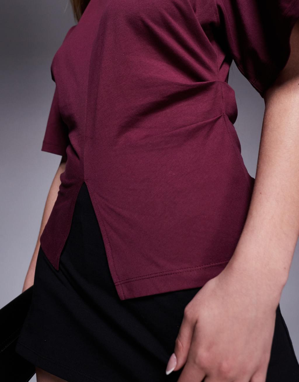 ASOS DESIGN corset T-shirt with split front in burgundy Product Image