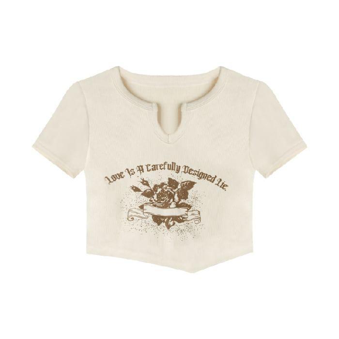 Short Sleeve V-Neck Printed Cropped T-Shirt Product Image