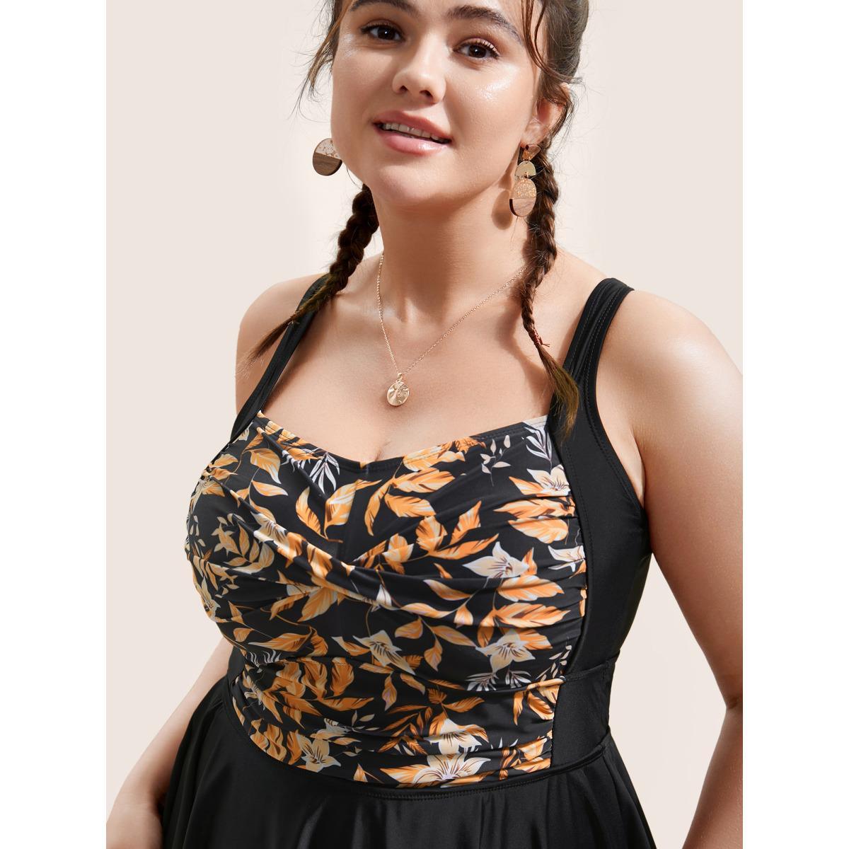 Plus Size Tropical Graphic Crossover Ruffle Hem Swim Dress Women's Swimwear Black Beach Bodycon Heart neckline High stretch Curve Swim Dresses BloomChic 18-20/2X Product Image