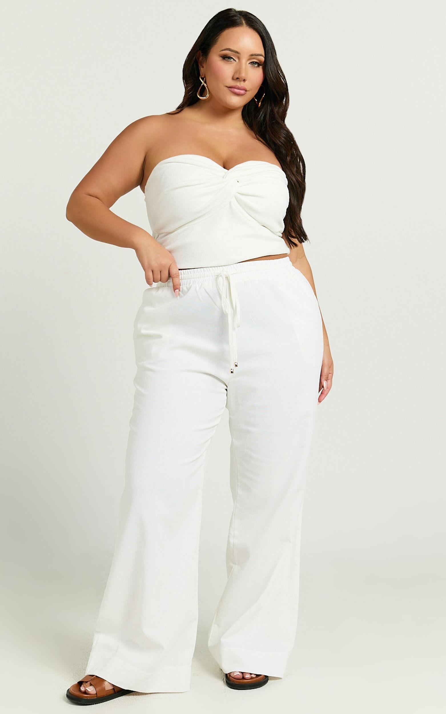 Hamilton Linen Pants - Straight Elasticated Mid Waist Pants in White Product Image