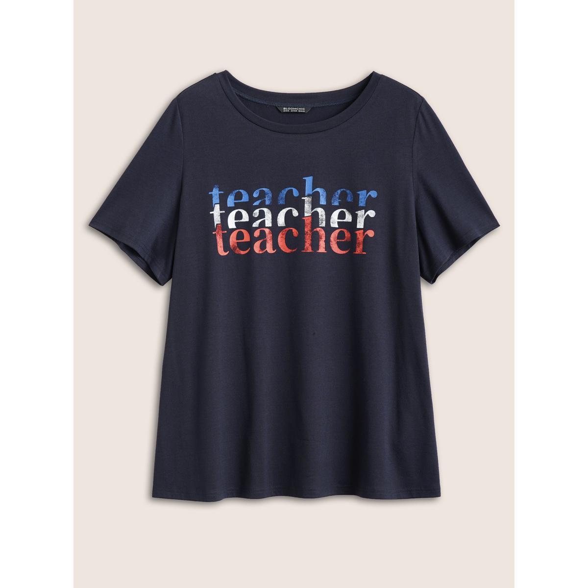 Plus Size Letter Print Contrast Round Neck T-shirt Midnight Women Casual Non Art&design Everyday T-shirts BloomChic 22-24/3X Product Image