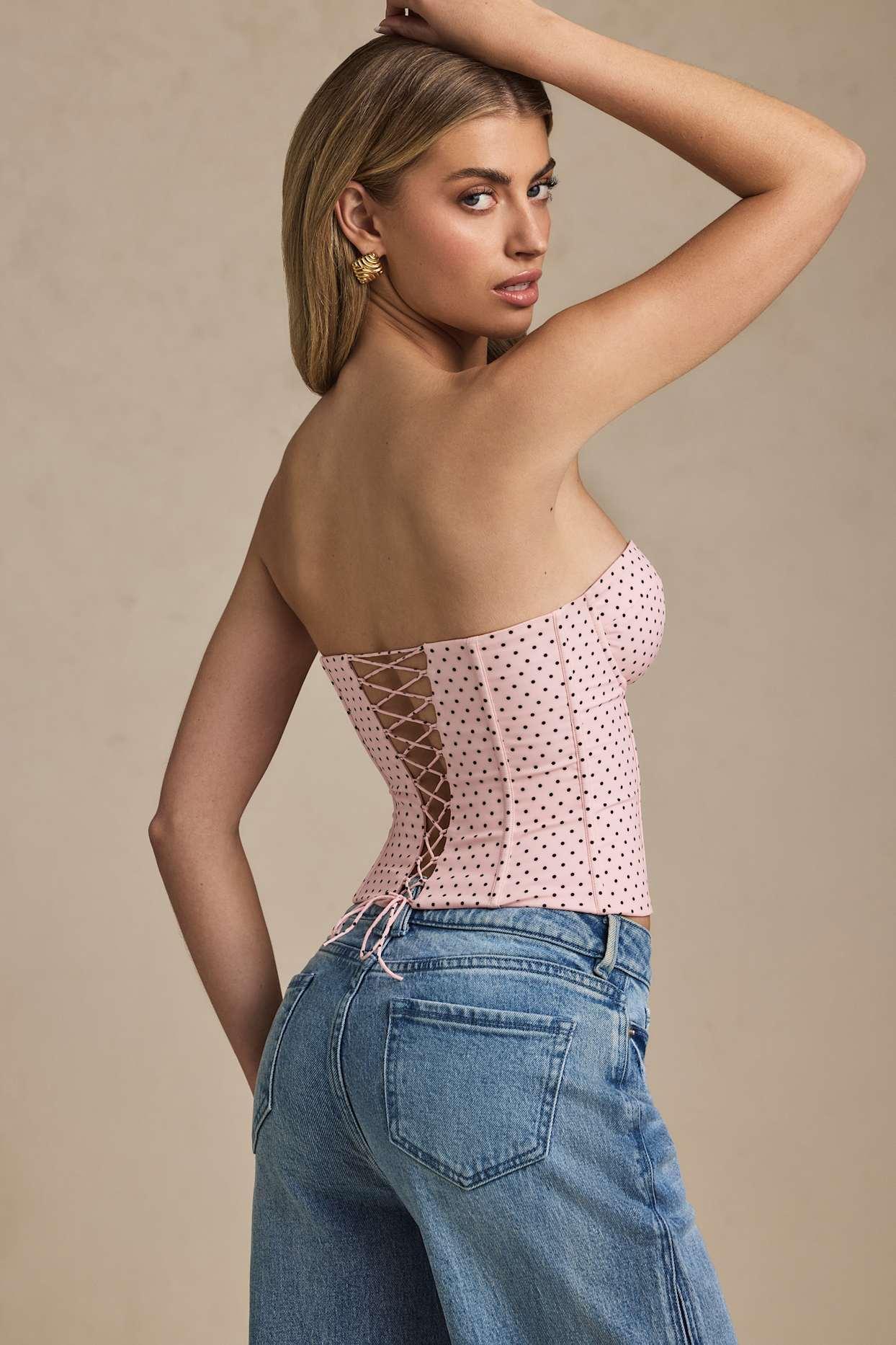 Lace-Up Strapless Corset Top in Pink Polka Dot Product Image